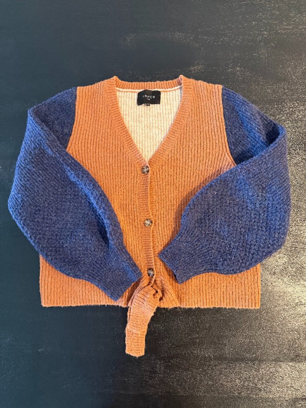 FRNCH Colorblock Cardigan Blue Orange Tie Front Bubble Sleeve Size M